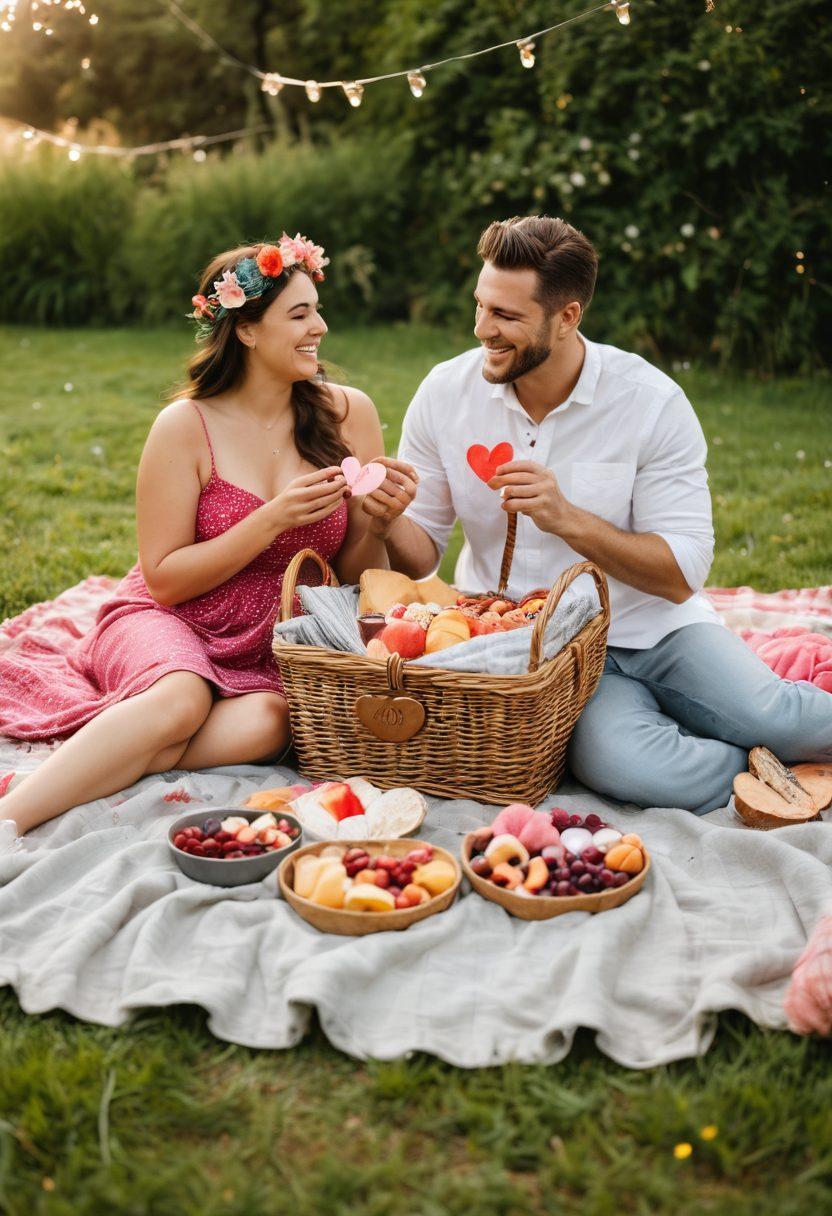 A cozy outdoor picnic scene with a large, plush blanket spread on soft grass, adorned with a heart-shaped picnic basket filled with delicious treats. In the background, a couple is laughing and enjoying each other's company, both showcasing their loving personalities and celebrating body positivity. Surround them with whimsical fairy lights and colorful flowers to evoke warmth and joy. vibrant colors. soft focus. romantic ambiance.