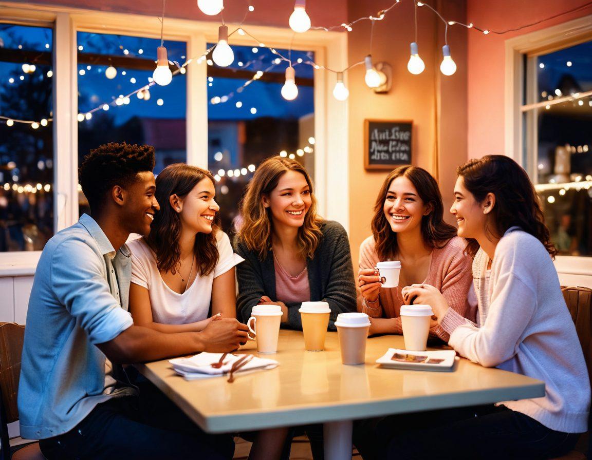 A warm, inviting scene featuring a diverse group of individuals engaging in playful, flirtatious interactions at a cozy café. Soft pastel colors fill the background, with fairy lights twinkling above. Include elements like coffee cups, laughter, and subtle body language reflecting budding romance. Capture a sense of connection and warmth that invites viewers into the moment. super-realistic. soft pastels. vibrant colors.