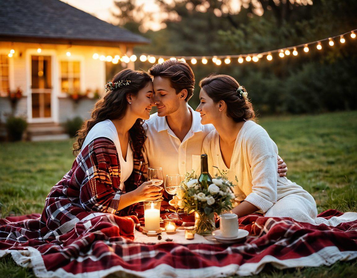 A couple sharing a tender moment at sunset, surrounded by soft, glowing lights. The scene features a picnic setup with a vintage checkered blanket, elegant wine glasses, and a small bouquet of flowers. Include warm colors that evoke feelings of love and intimacy, with subtle sparkles in the air representing cherished memories. naturalistic style. warm tones. dreamy atmosphere.